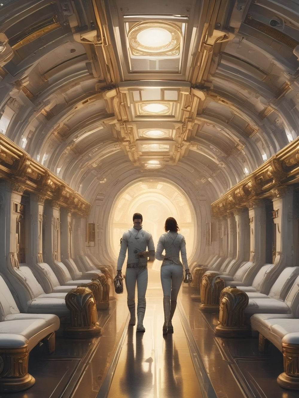 Gold and White Futuristic Corridor Art Print – Modern Home Wall Art